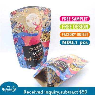 CMYK basılı 70g Kraft Kağıdı Laminasyonlu Çantalar Fermuar Üstü Yeniden Kapanabilir Ayağa Çantalar